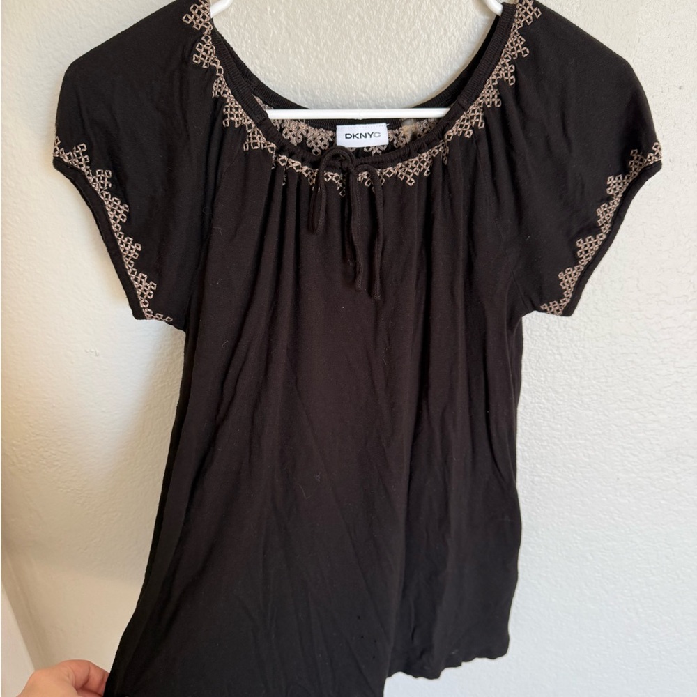 DKNYC Black Short Sleeve Top with Embroidery